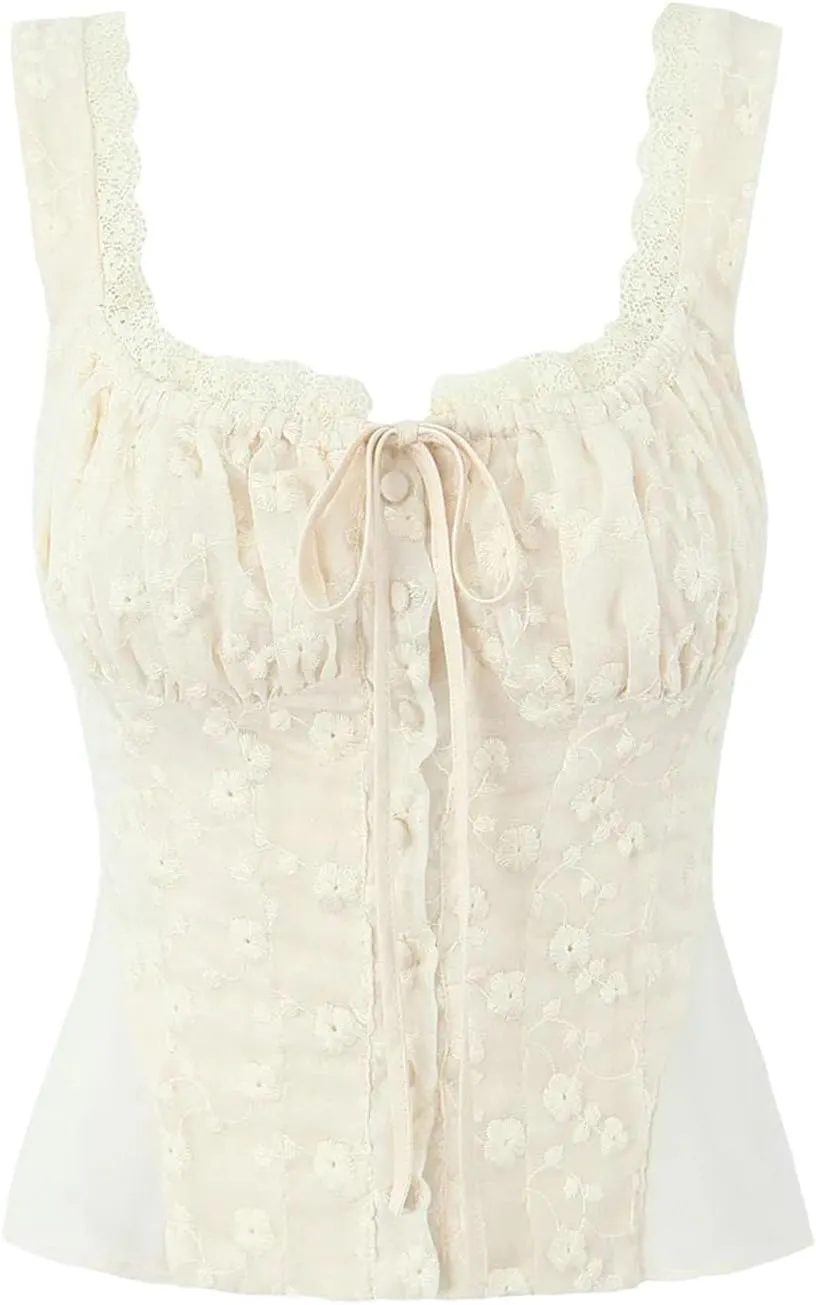 Women Vintage Cream Peplum Tank Tops Lace Embroidery Backless Sexy Short Camisole