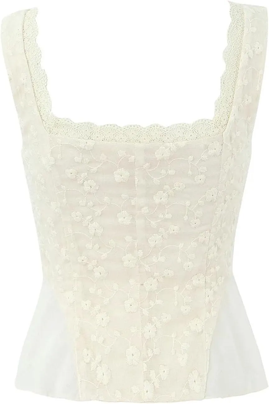 Women Vintage Cream Peplum Tank Tops Lace Embroidery Backless Sexy Short Camisole