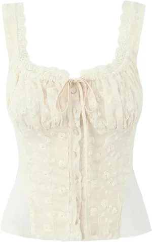 Women Vintage Cream Peplum Tank Tops Lace Embroidery Backless Sexy Short Camisole