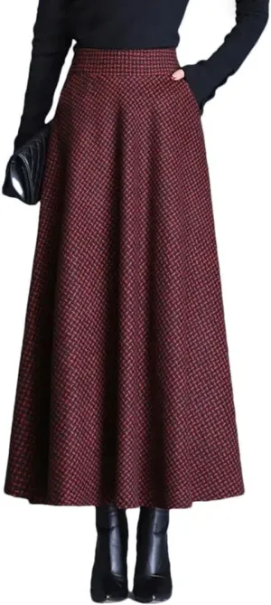 Women Vintage Plaid Woolen Skirts High Waist Warm A-Line Pleated Skirt Fashion Office Maxi Skirt