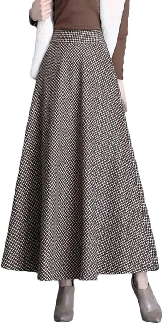 Women Vintage Plaid Woolen Skirts High Waist Warm A-Line Pleated Skirt Fashion Office Maxi Skirt