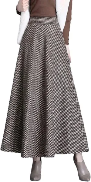 Women Vintage Plaid Woolen Skirts High Waist Warm A-Line Pleated Skirt Fashion Office Maxi Skirt