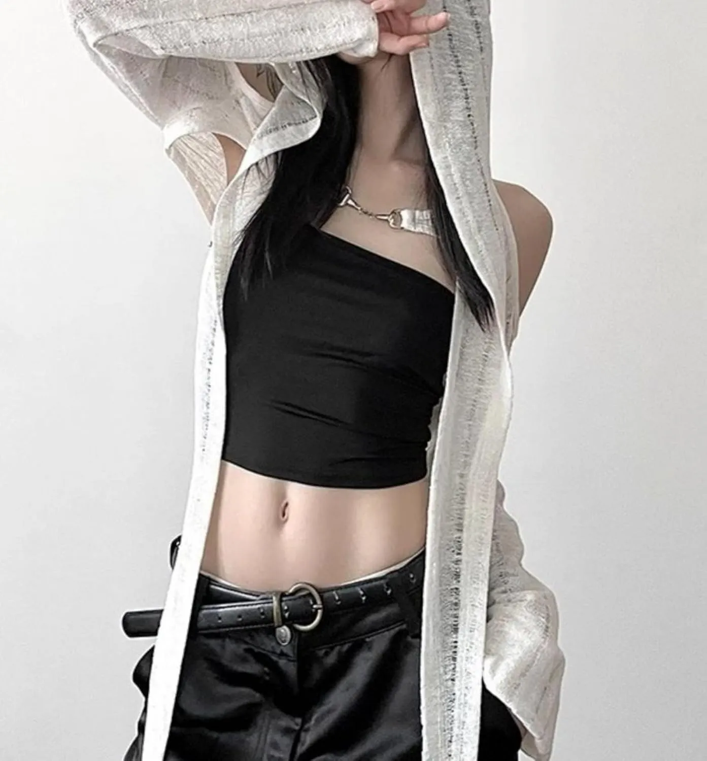 Women Wasteland Top Y2K Shirts with Hoodie Vintage Cloak See Through Long Sleeve Cropped Tops Hollowed Mesh Shirt