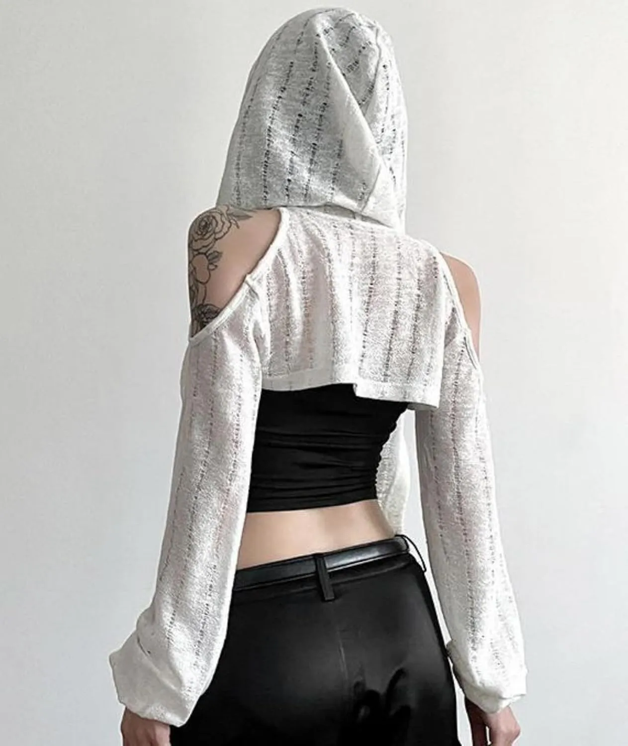 Women Wasteland Top Y2K Shirts with Hoodie Vintage Cloak See Through Long Sleeve Cropped Tops Hollowed Mesh Shirt