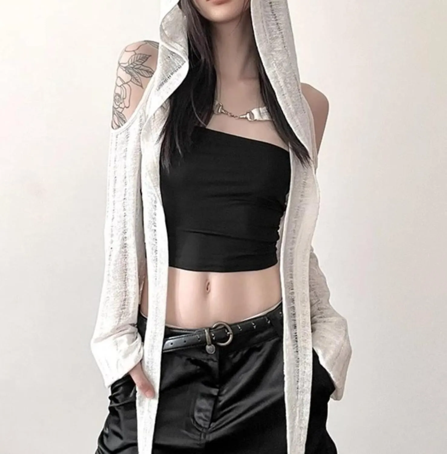 Women Wasteland Top Y2K Shirts with Hoodie Vintage Cloak See Through Long Sleeve Cropped Tops Hollowed Mesh Shirt