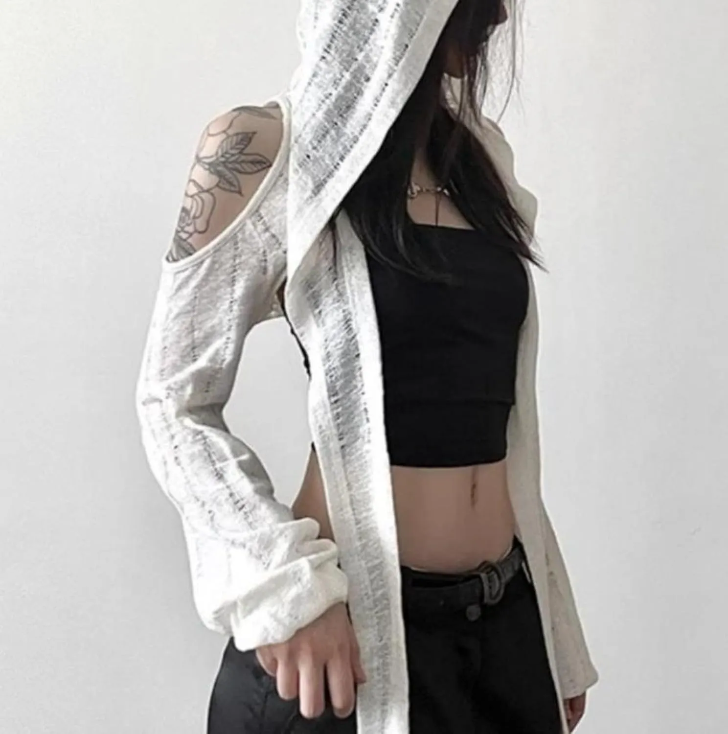 Women Wasteland Top Y2K Shirts with Hoodie Vintage Cloak See Through Long Sleeve Cropped Tops Hollowed Mesh Shirt