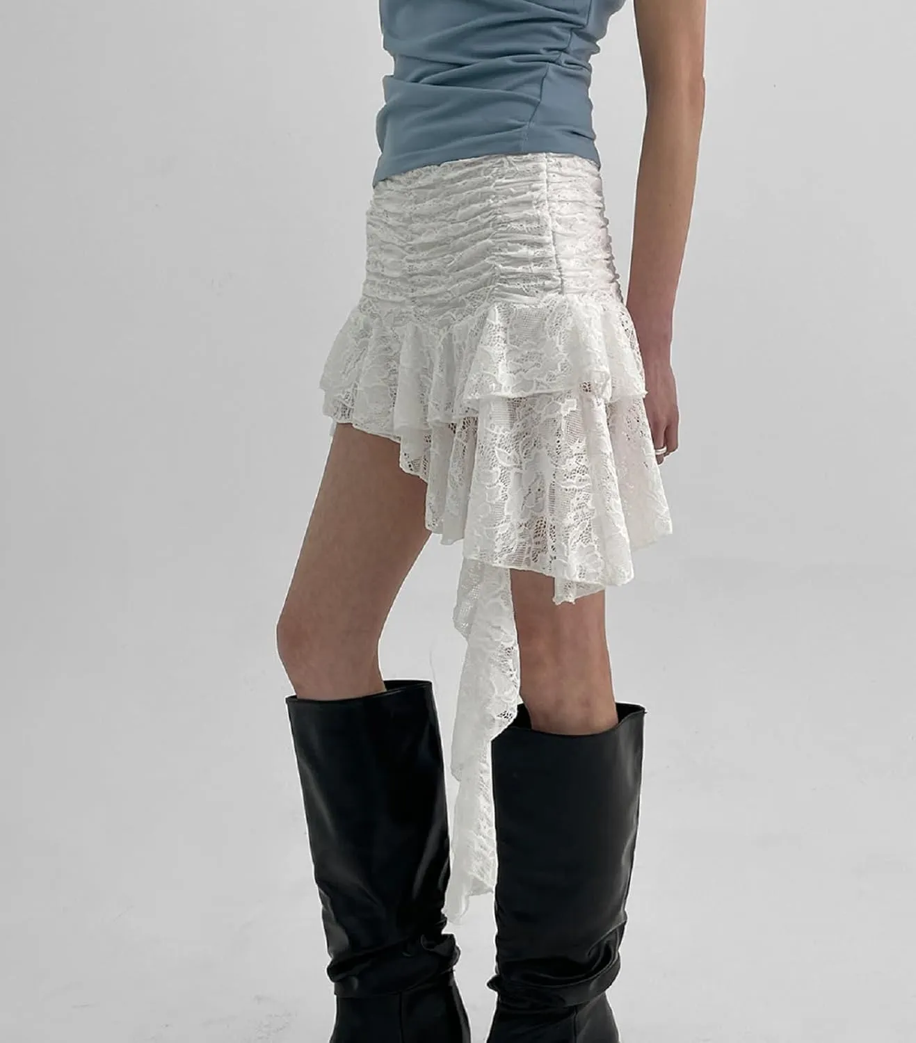 Women Y2k Lace Mini Skirt Elastic Low Rise Ruffle Half Slip Skirt Layered Pleated Flowy Short Skirt Streetwear