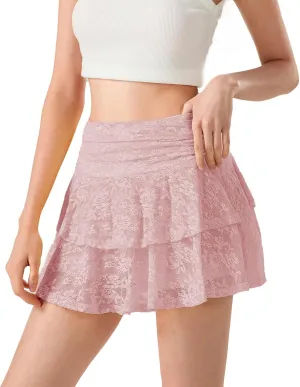 Women Y2k Lace Mini Skirt Sexy Ruffle Half Slip Skirt Low Rise Layered Pleated A Line Short Underskirt Streetwear
