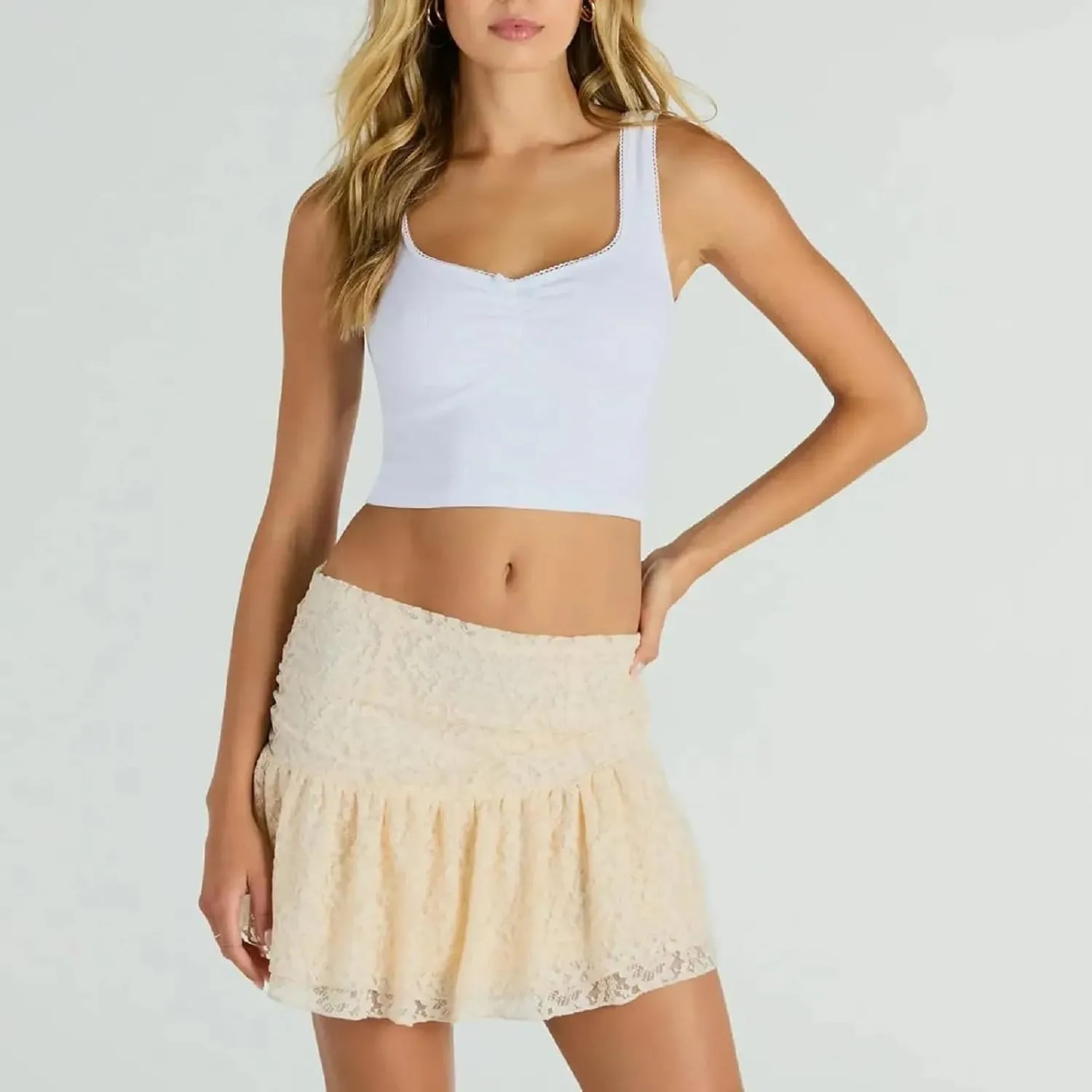 Women Y2k Lace Mini Skirt Sexy Tiered Flowy Ruffle Half Slip Skirt Low Rise Layered Pleated Short Skirt Underskirt