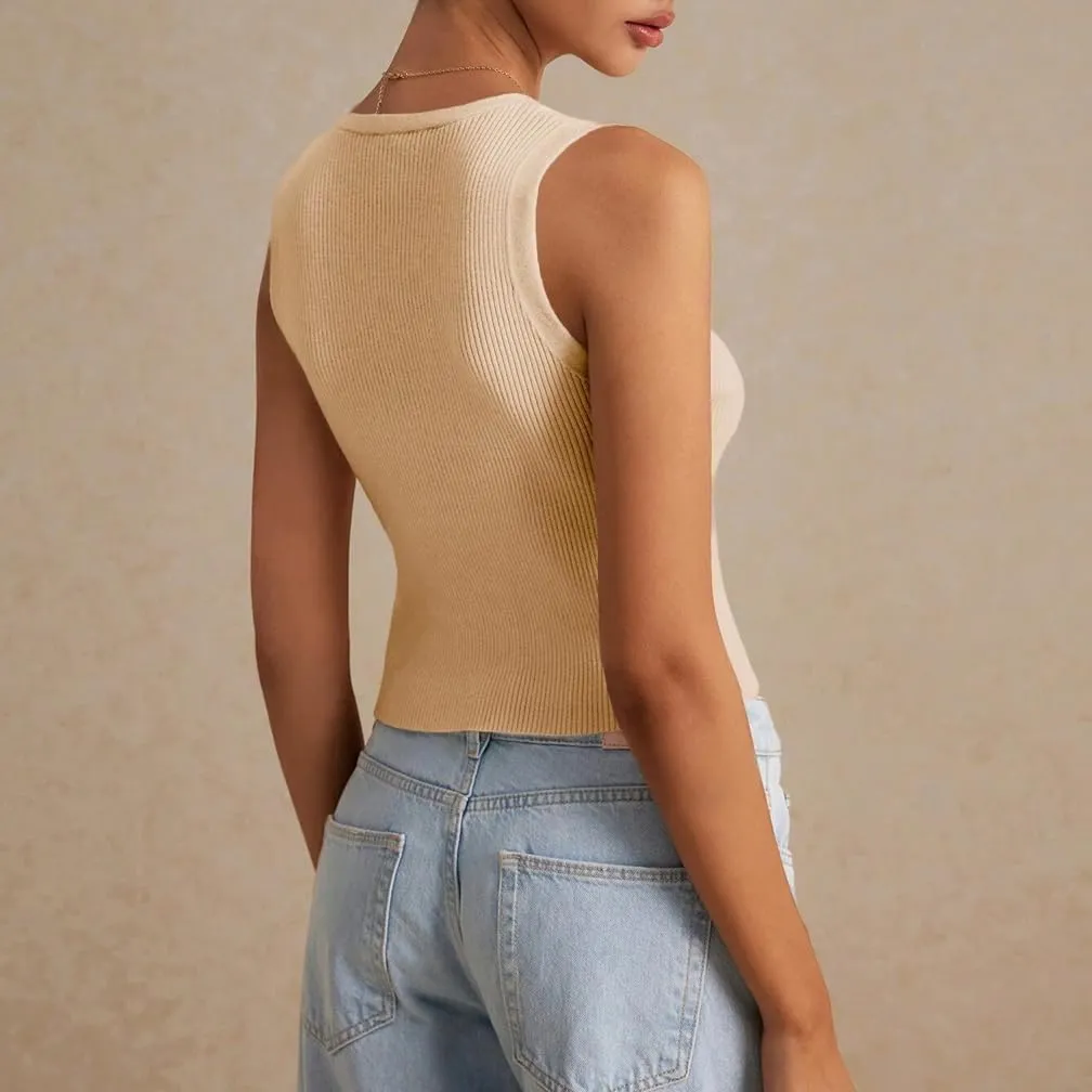 Women Y2k V Neck Button Down Knit Crop Tanks Casual Slim Fit Sleeveless Open Front Rib Knit Going Out Top Vests