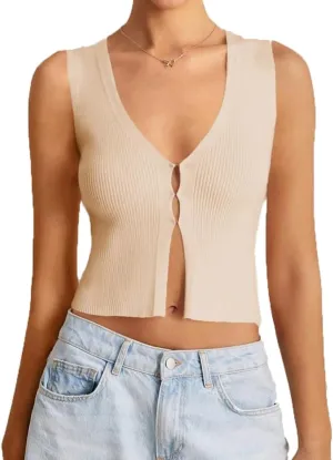 Women Y2k V Neck Button Down Knit Crop Tanks Casual Slim Fit Sleeveless Open Front Rib Knit Going Out Top Vests