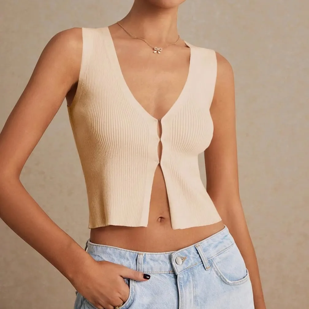 Women Y2k V Neck Button Down Knit Crop Tanks Casual Slim Fit Sleeveless Open Front Rib Knit Going Out Top Vests