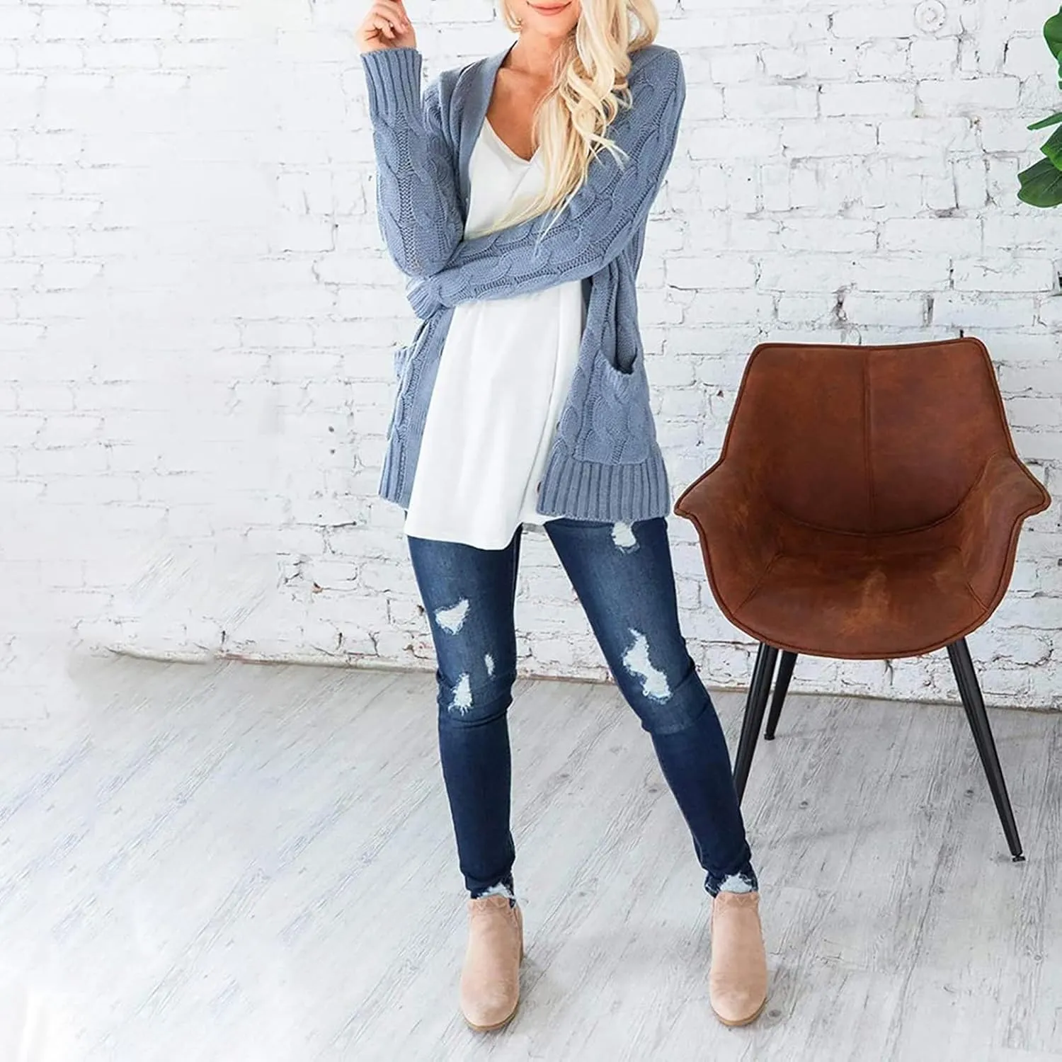 Women's 2023 Fall Open Front Cardigan Sweaters Fashion Button Down Long Sleeve Cable Knit Chunky Outwear Coat