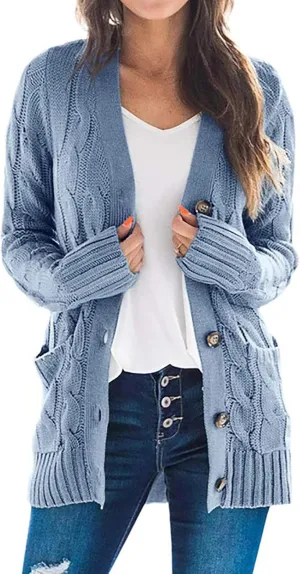 Women's 2023 Fall Open Front Cardigan Sweaters Fashion Button Down Long Sleeve Cable Knit Chunky Outwear Coat