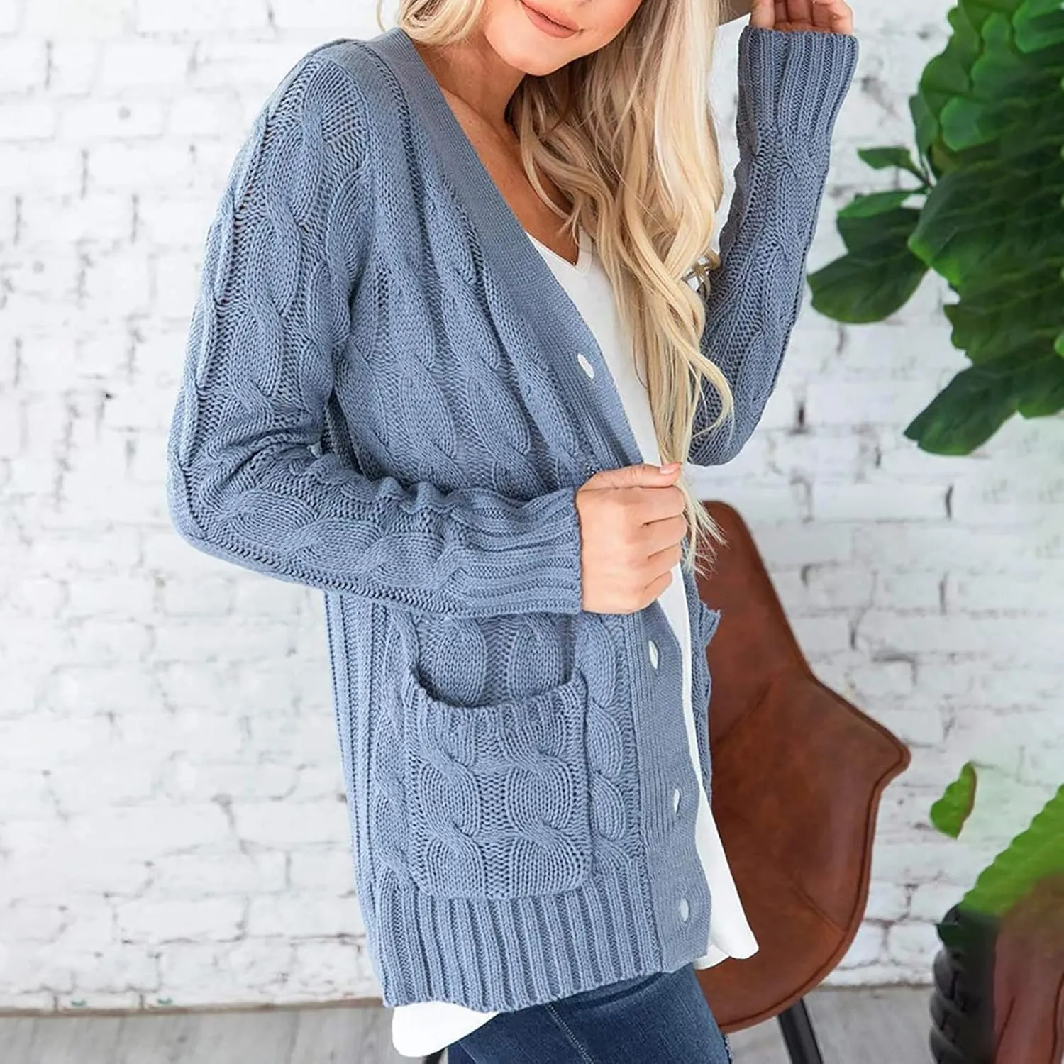 Women's 2023 Fall Open Front Cardigan Sweaters Fashion Button Down Long Sleeve Cable Knit Chunky Outwear Coat