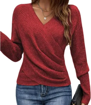 Women's 2024 Fall Fashion Slim Fit Khaki Plain Sexy V-Neck Long Sleeve Slim Fit Pullover Knit Sweaters Trendy Outfits