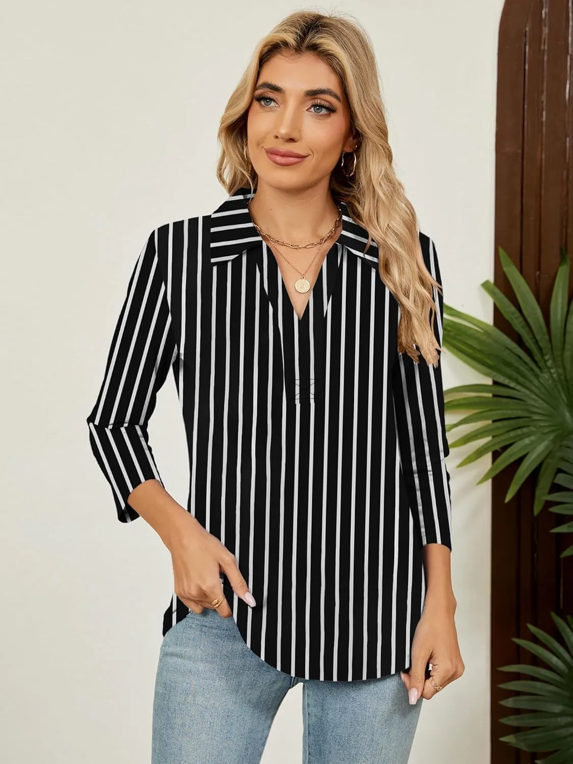 Women's 3/4 Length Sleeve V-Neck Collared Tops Summer Business Casual Work Polo Shirts Fashion Outfits 2025