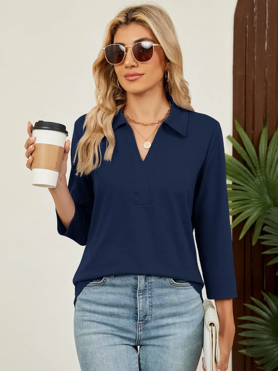 Women's 3/4 Length Sleeve V-Neck Collared Tops Summer Business Casual Work Polo Shirts Fashion Outfits 2025