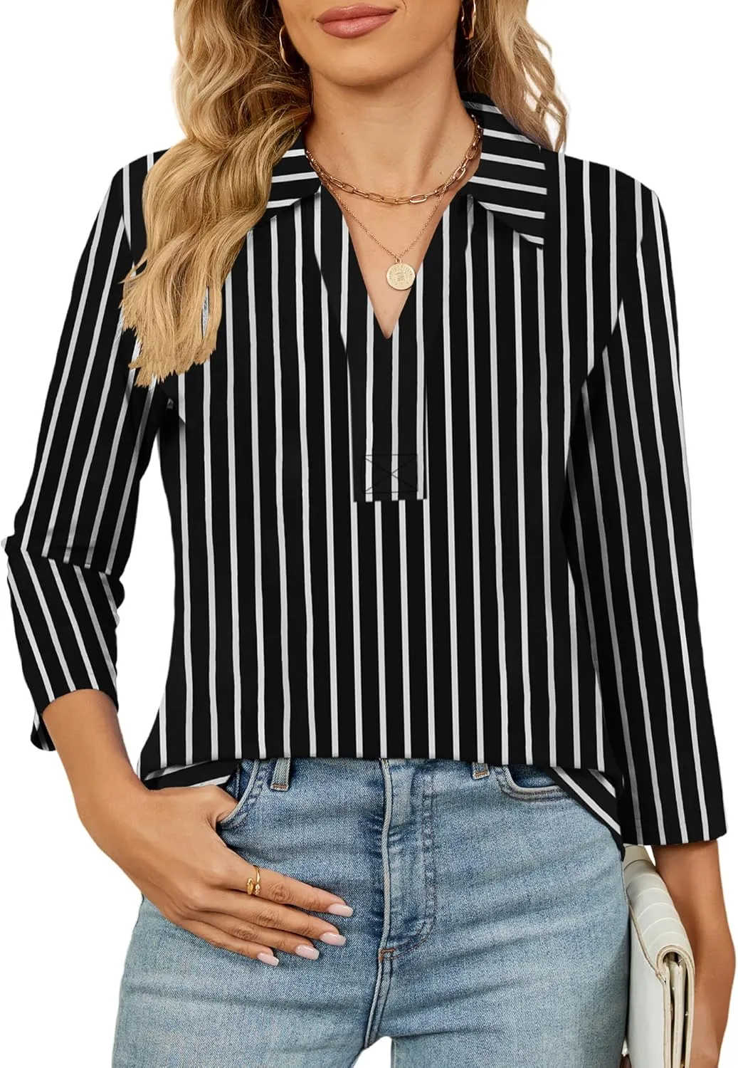 Women's 3/4 Length Sleeve V-Neck Collared Tops Summer Business Casual Work Polo Shirts Fashion Outfits 2025