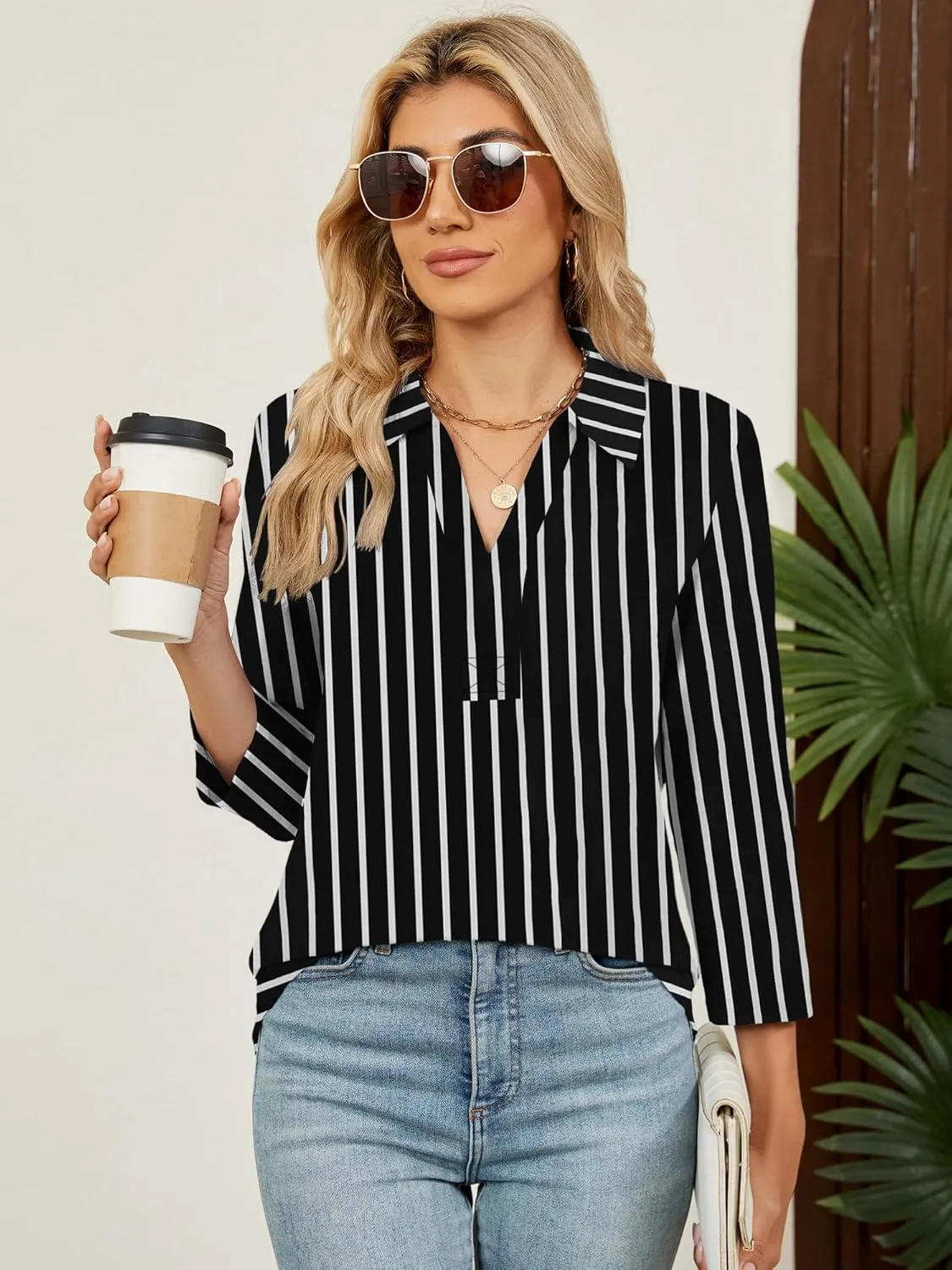 Women's 3/4 Length Sleeve V-Neck Collared Tops Summer Business Casual Work Polo Shirts Fashion Outfits 2025