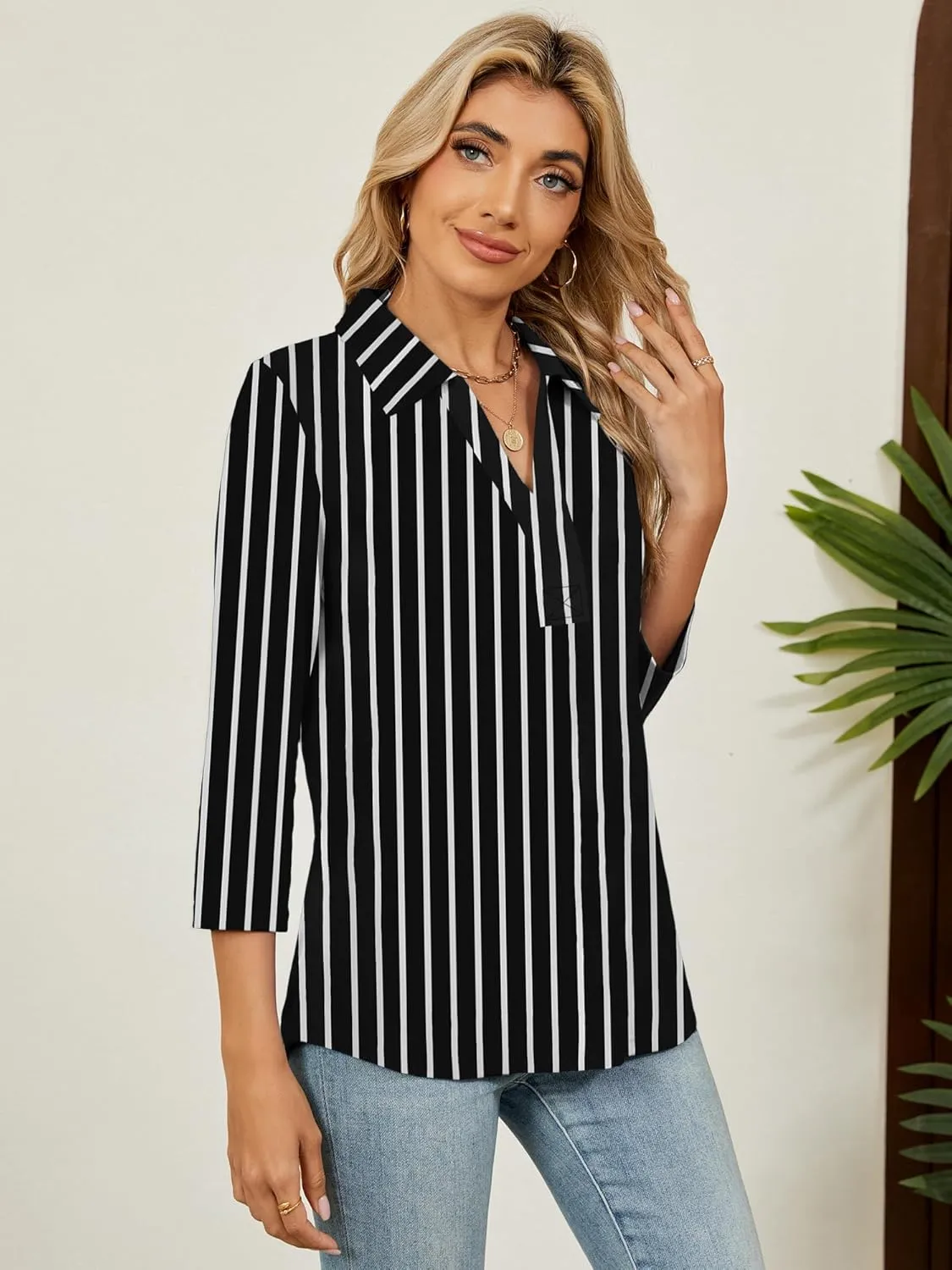 Women's 3/4 Length Sleeve V-Neck Collared Tops Summer Business Casual Work Polo Shirts Fashion Outfits 2025