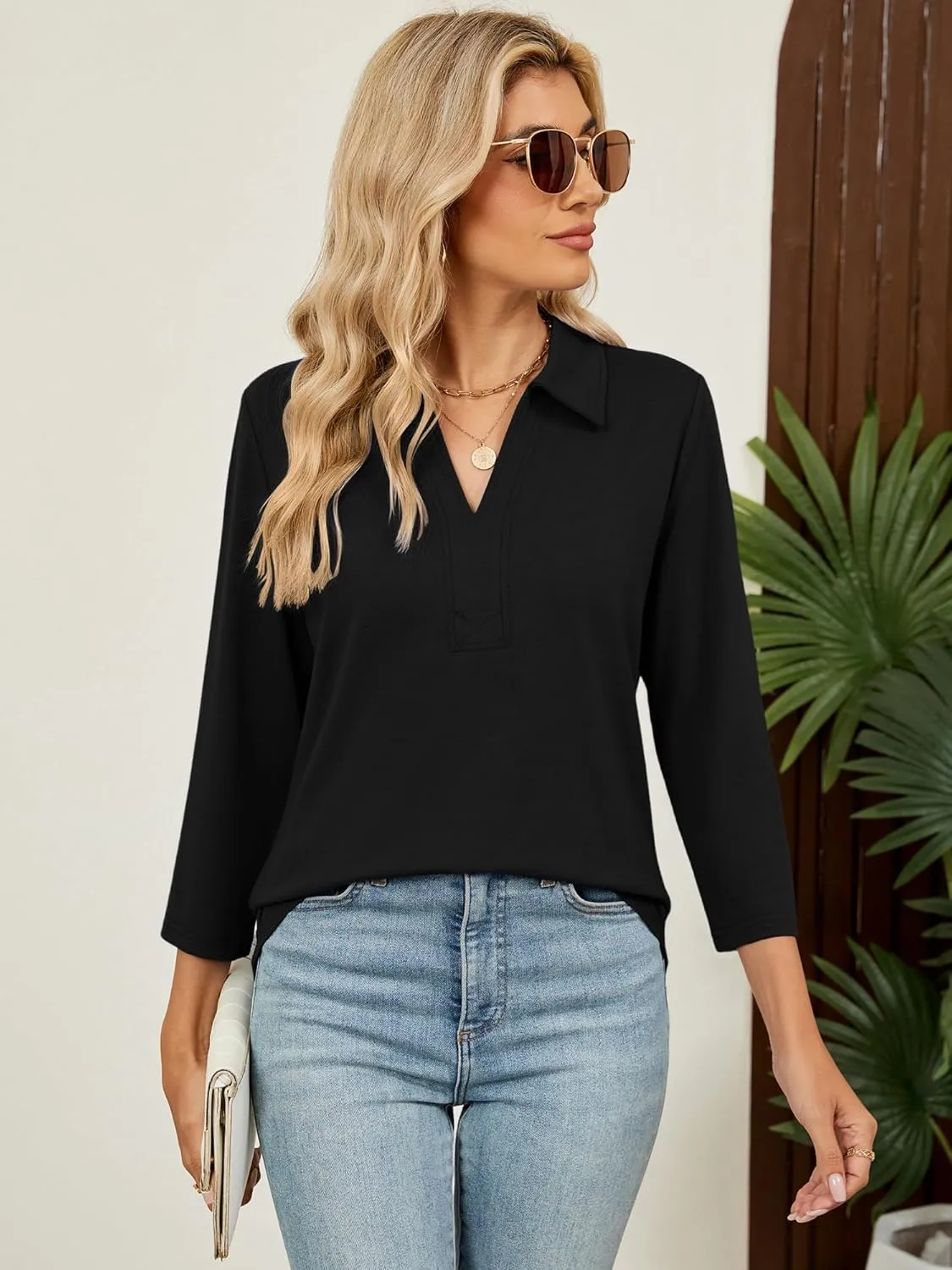 Women's 3/4 Length Sleeve V-Neck Collared Tops Summer Business Casual Work Polo Shirts Fashion Outfits 2025