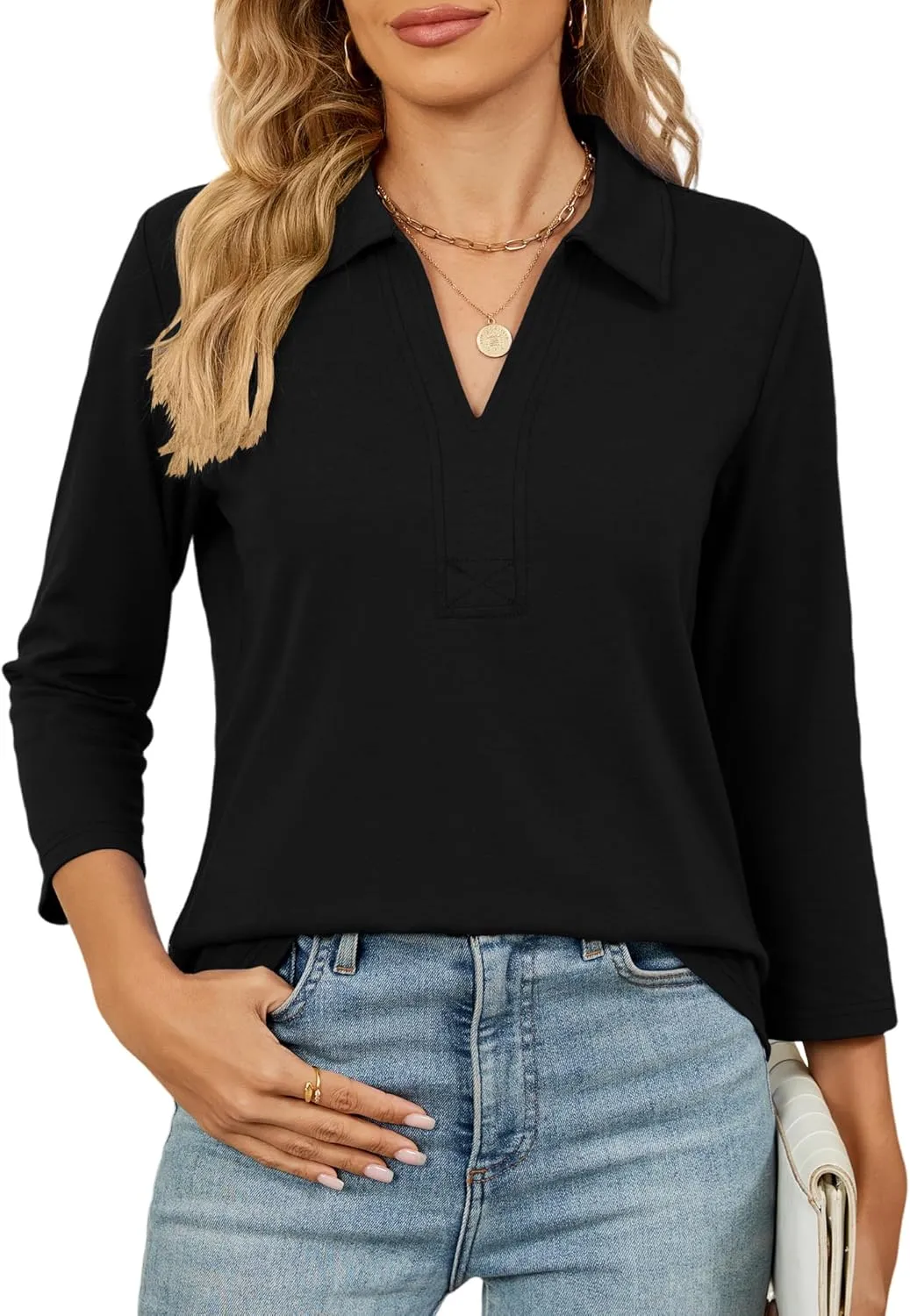 Women's 3/4 Length Sleeve V-Neck Collared Tops Summer Business Casual Work Polo Shirts Fashion Outfits 2025