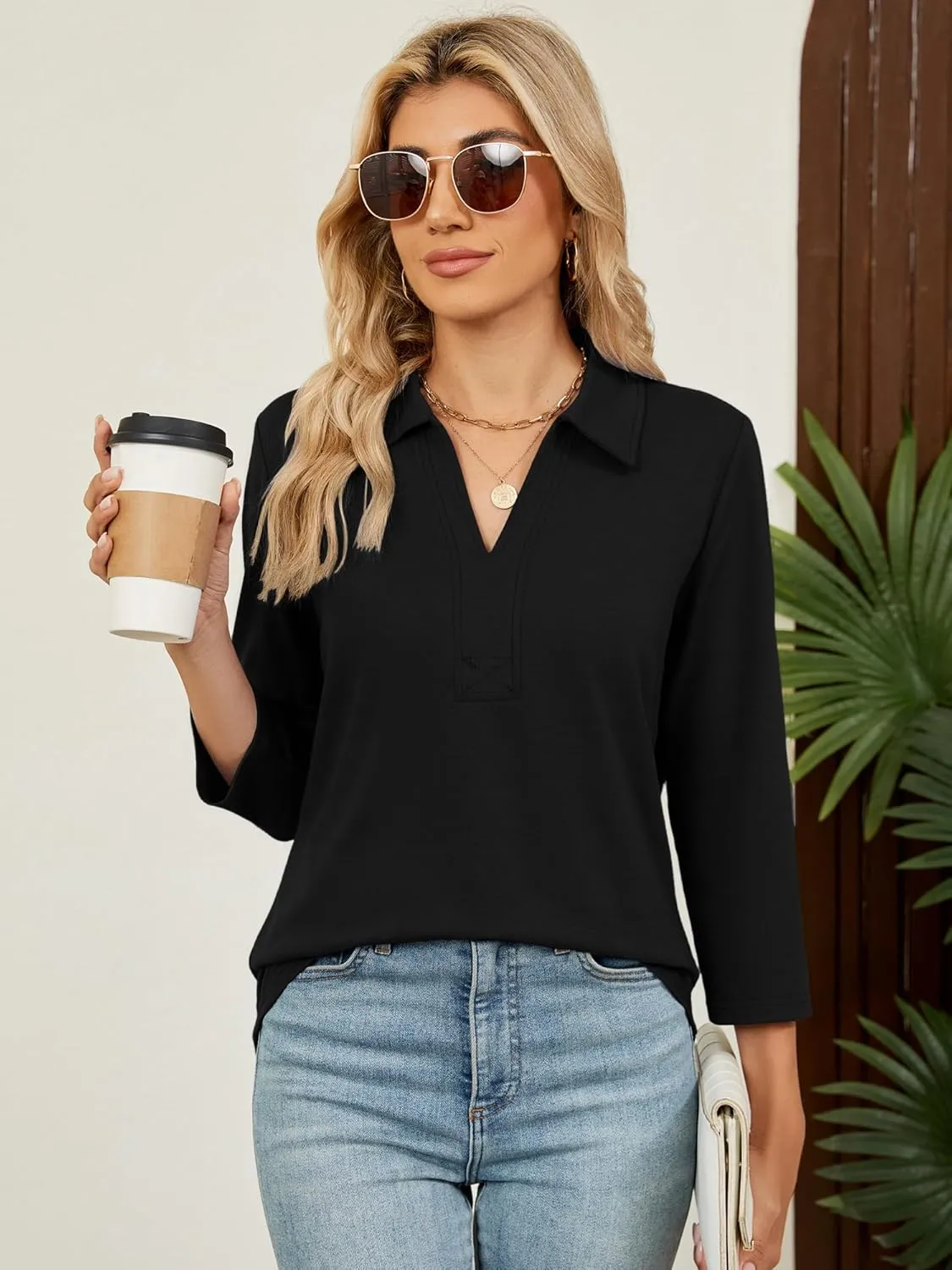 Women's 3/4 Length Sleeve V-Neck Collared Tops Summer Business Casual Work Polo Shirts Fashion Outfits 2025