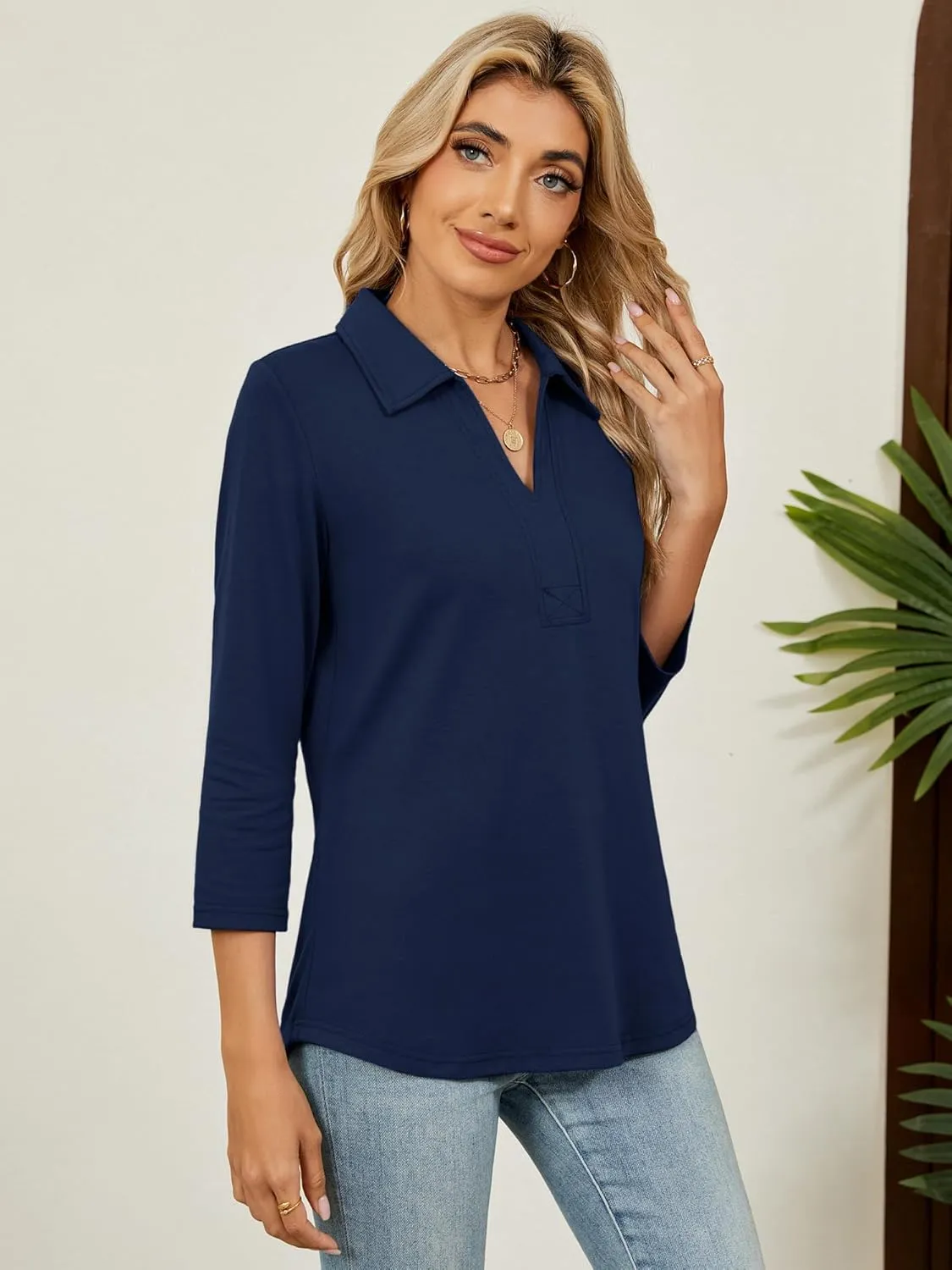 Women's 3/4 Length Sleeve V-Neck Collared Tops Summer Business Casual Work Polo Shirts Fashion Outfits 2025