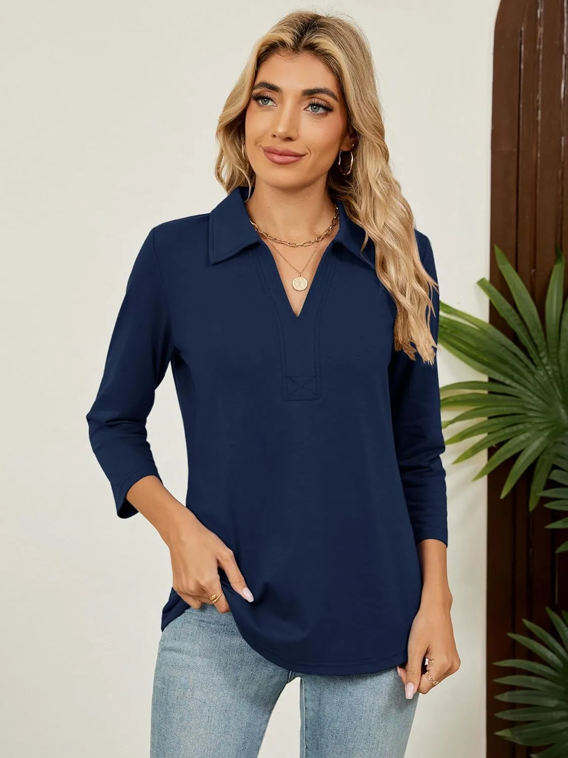 Women's 3/4 Length Sleeve V-Neck Collared Tops Summer Business Casual Work Polo Shirts Fashion Outfits 2025