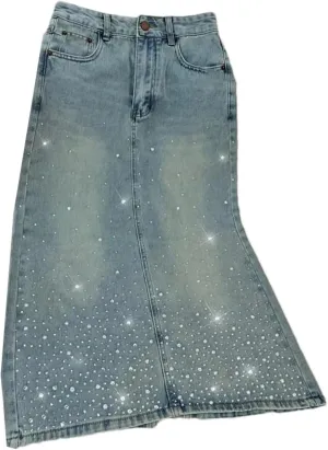 Women's A-Line Denim Skirt Fashion Rhinestone High Waist Midi Jean Skirt
