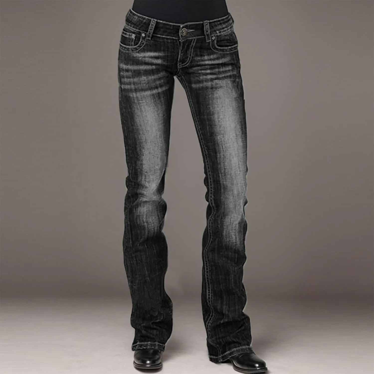 Womens Baggy Barrel Jeans Boyfriend,Stretch Mid Waisted Pants Button Straight Leg Jeans Skinny Fit Trousers