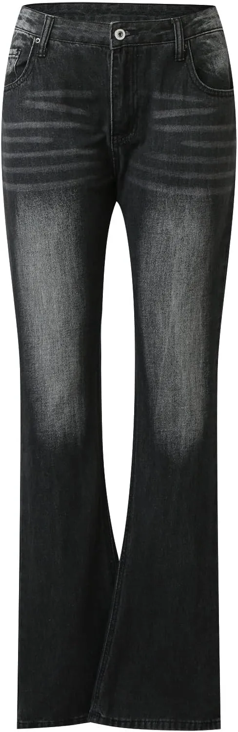 Womens Baggy Barrel Jeans Boyfriend,Stretch Mid Waisted Pants Button Straight Leg Jeans Skinny Fit Trousers