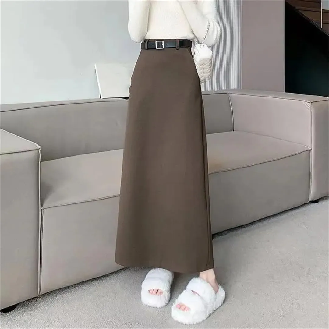 Women's Belted Maxi Skirt High Waist A Line Pocket Office Slit Long Skirt