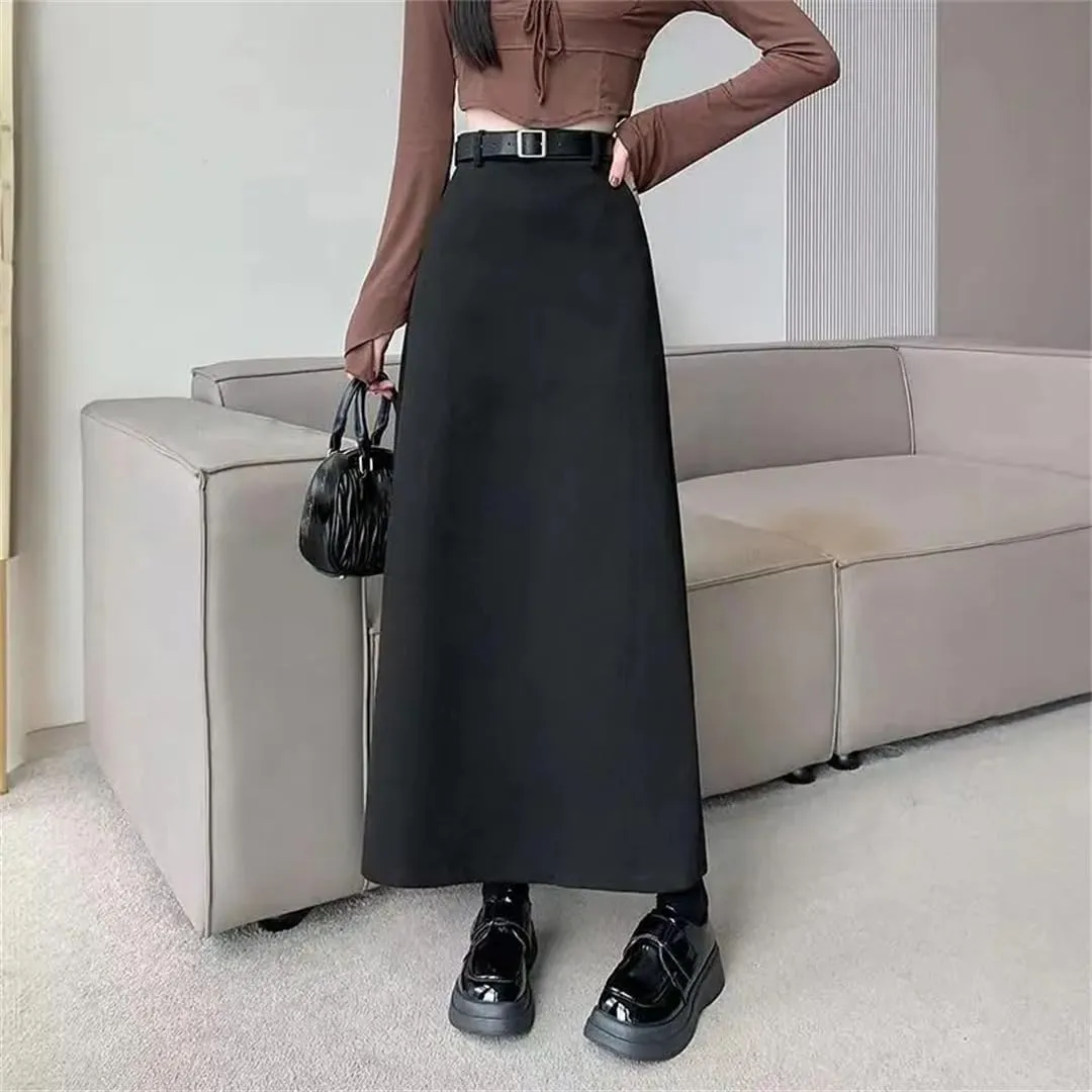 Women's Belted Maxi Skirt High Waist A Line Pocket Office Slit Long Skirt