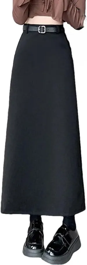 Women's Belted Maxi Skirt High Waist A Line Pocket Office Slit Long Skirt