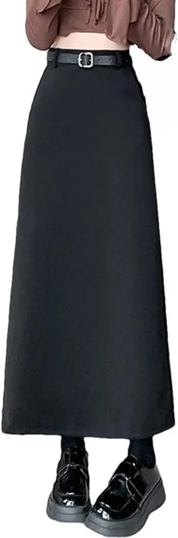 Women's Belted Maxi Skirt High Waist A Line Pocket Office Slit Long Skirt