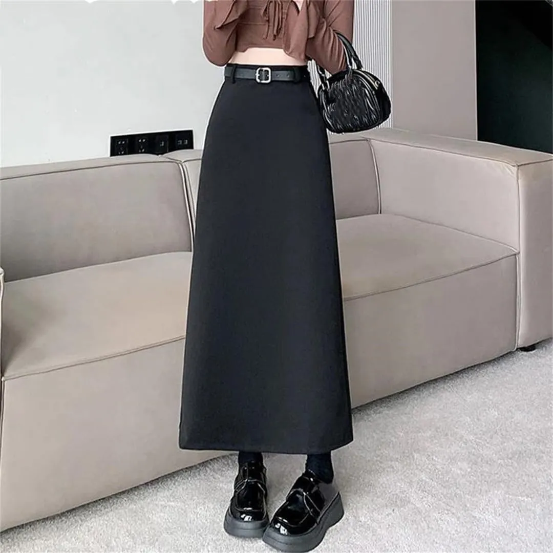 Women's Belted Maxi Skirt High Waist A Line Pocket Office Slit Long Skirt