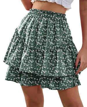 Women's Boho Ruffle Mini Skirt Summer Print Floral Tiered Short Skirt Casual High Waist Flowy Pleated Skirt