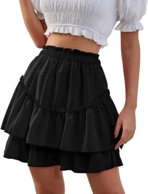 Women's Boho Ruffle Mini Skirt Summer Print Floral Tiered Short Skirt Casual High Waist Flowy Pleated Skirt