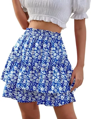Women's Boho Ruffle Mini Skirt Summer Print Floral Tiered Short Skirt Casual High Waist Flowy Pleated Skirt