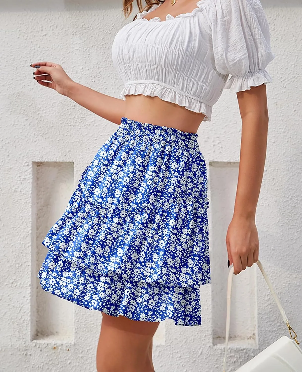 Women's Boho Ruffle Mini Skirt Summer Print Floral Tiered Short Skirt Casual High Waist Flowy Pleated Skirt