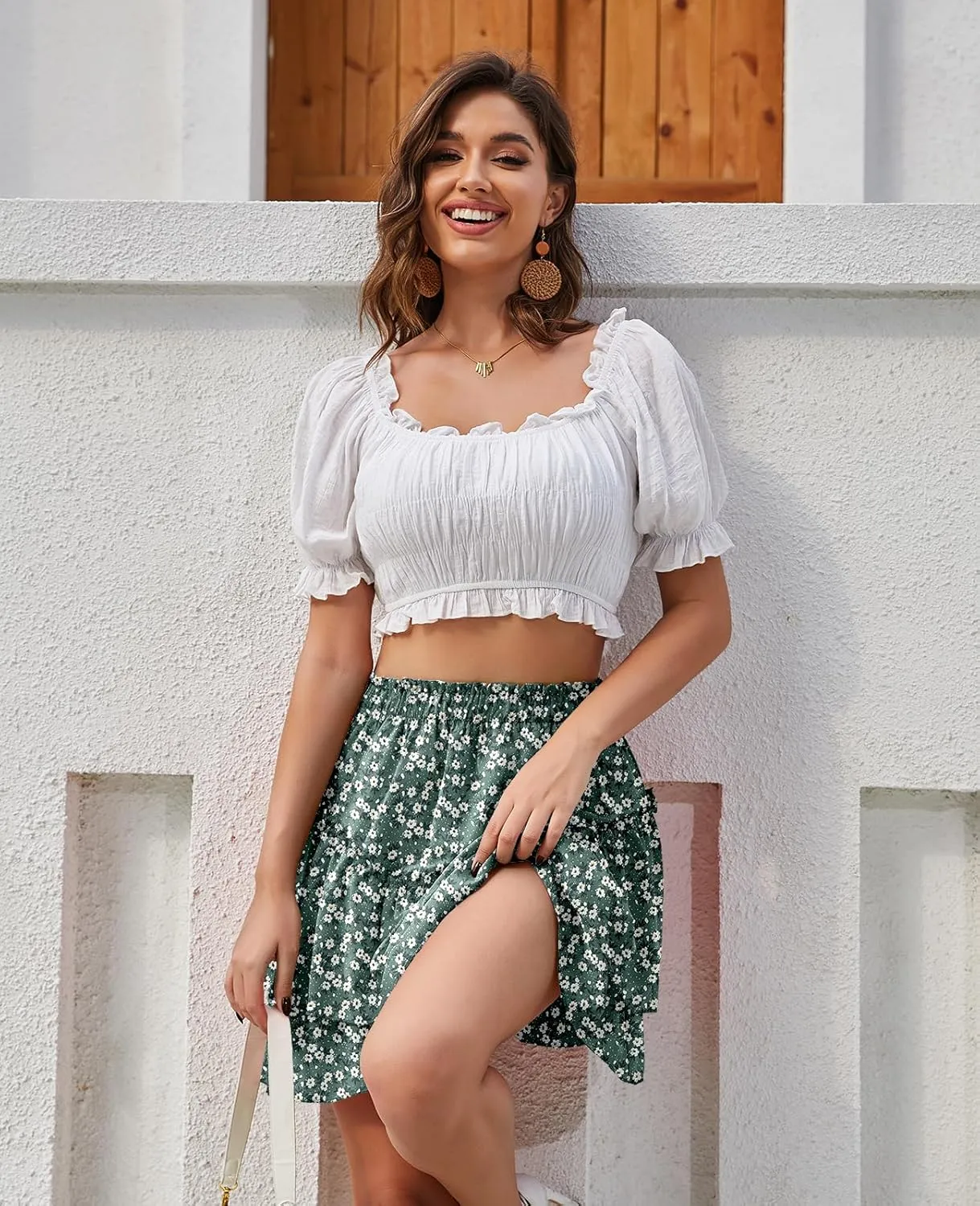 Women's Boho Ruffle Mini Skirt Summer Print Floral Tiered Short Skirt Casual High Waist Flowy Pleated Skirt