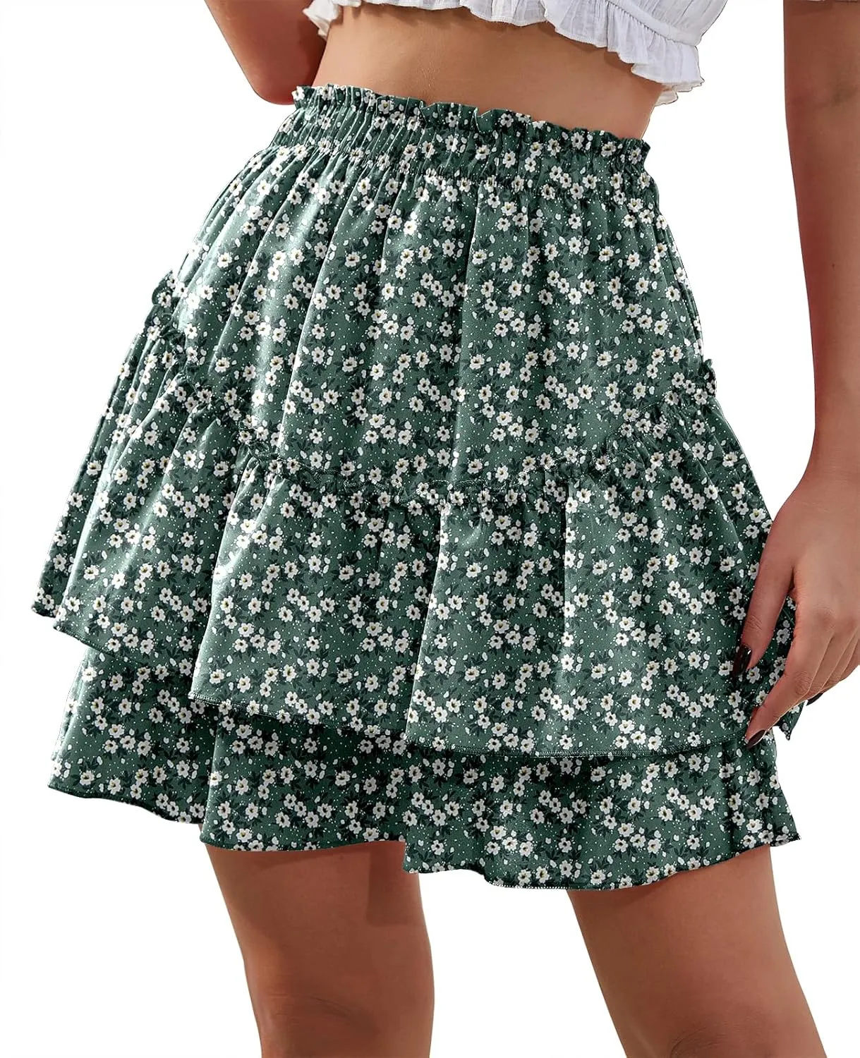 Women's Boho Ruffle Mini Skirt Summer Print Floral Tiered Short Skirt Casual High Waist Flowy Pleated Skirt