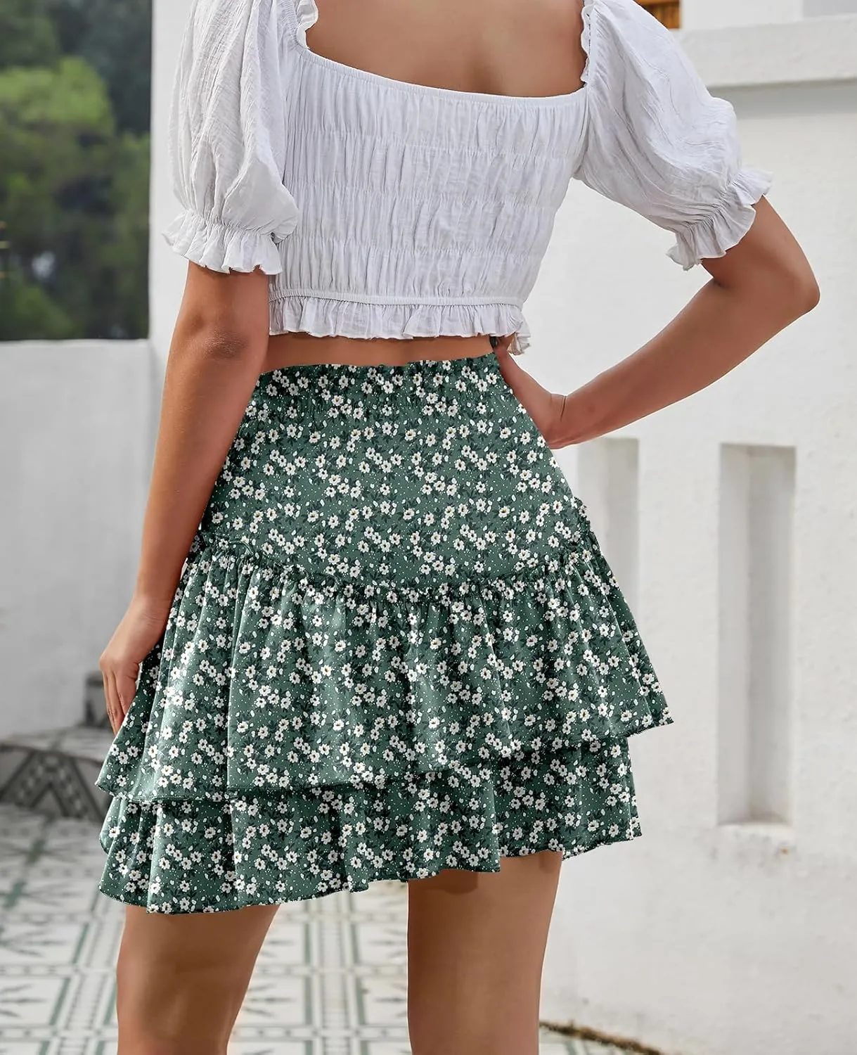 Women's Boho Ruffle Mini Skirt Summer Print Floral Tiered Short Skirt Casual High Waist Flowy Pleated Skirt