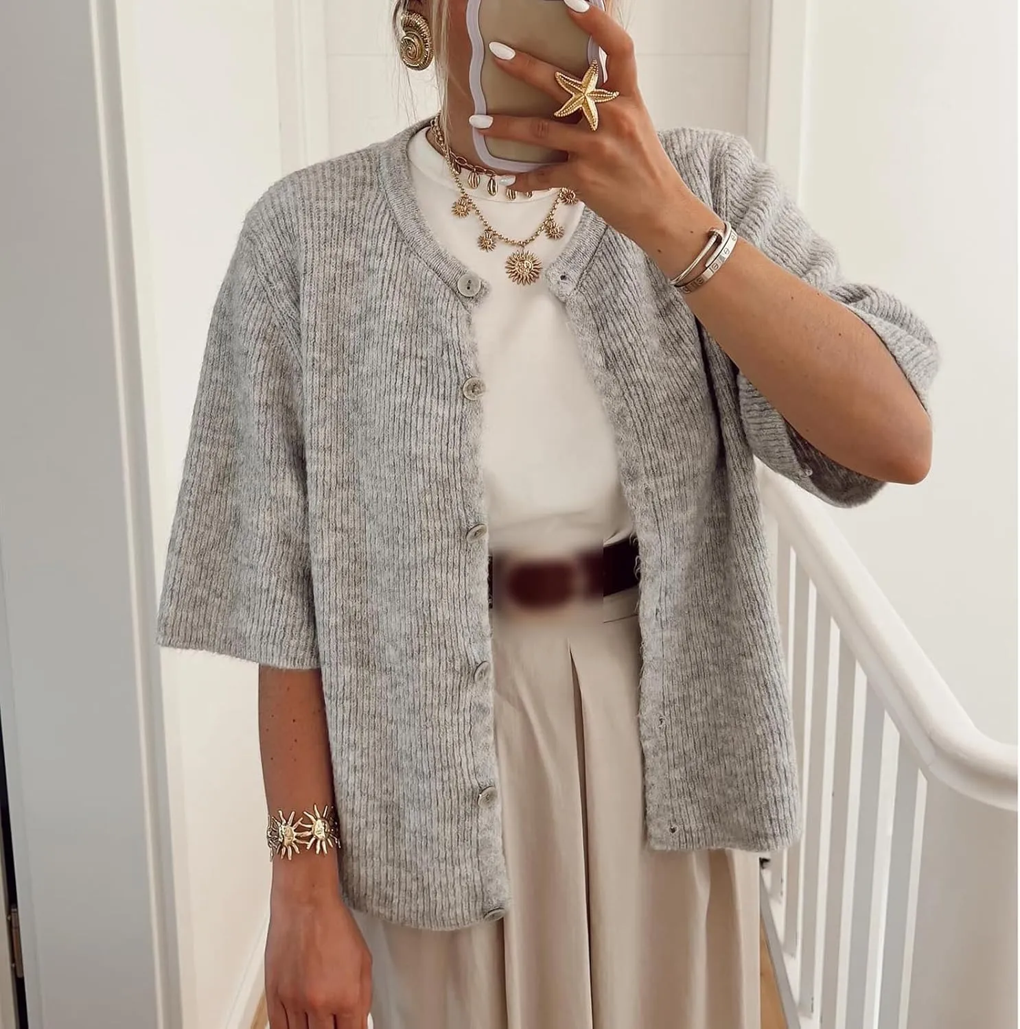 Womens Button Up Short Sleeve Cardigans Sweater Cropped Lightweight Round Neck Elegant Knit Tops with Pockets