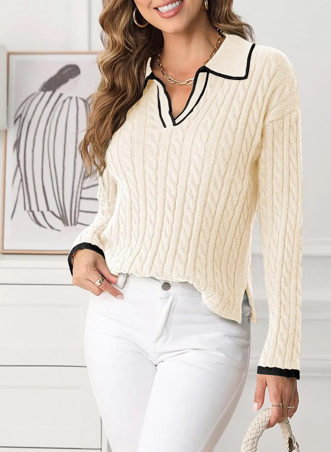 Women's Cable Long Sleeve Sweaters Tops Lapel Polo V Neck Knit Casual Soft Pullover Shirt