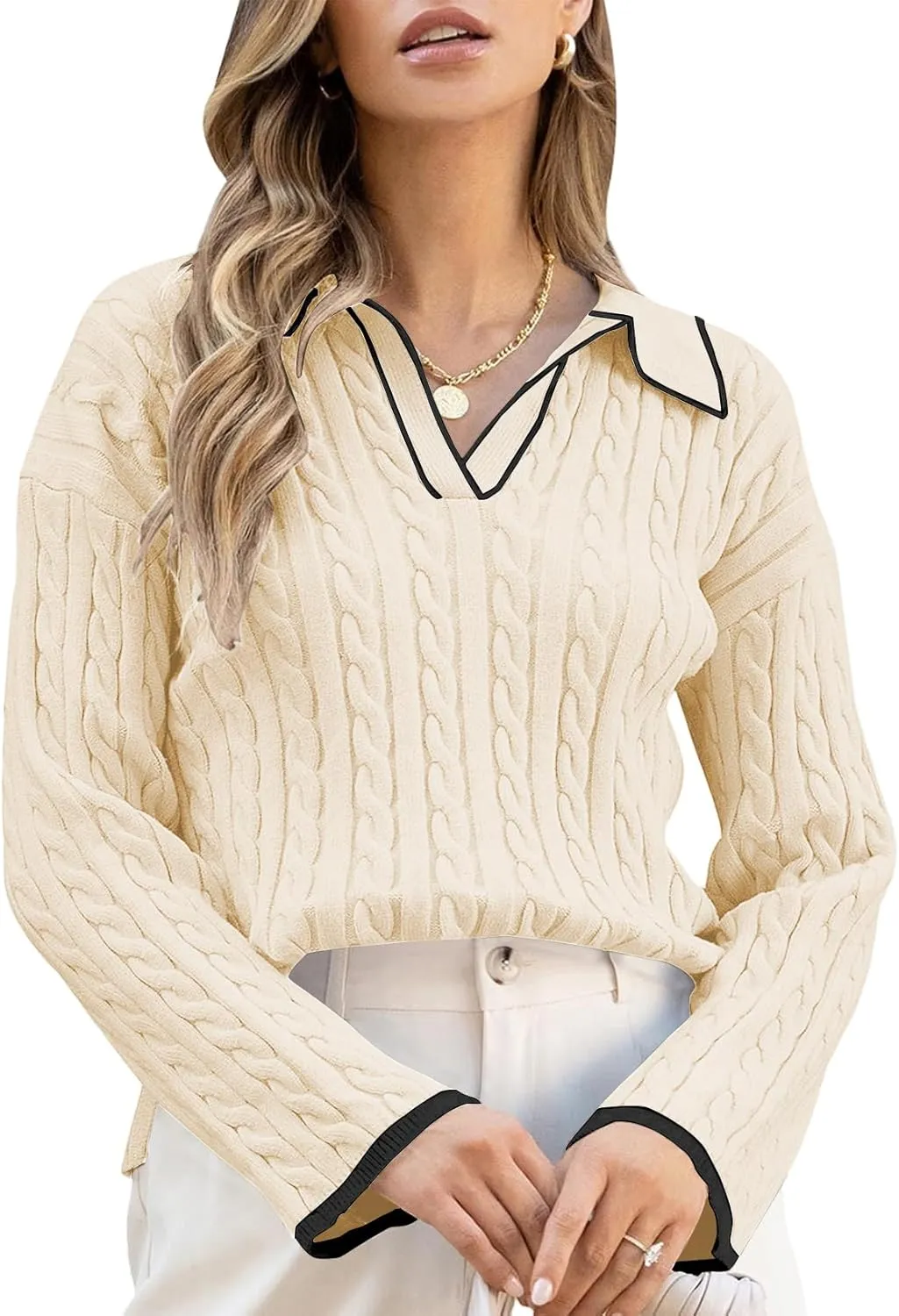 Women's Cable Long Sleeve Sweaters Tops Lapel Polo V Neck Knit Casual Soft Pullover Shirt