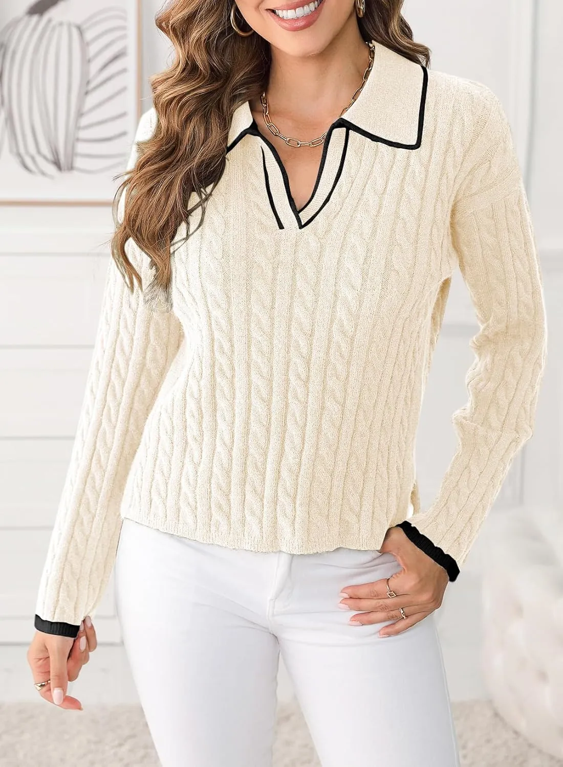 Women's Cable Long Sleeve Sweaters Tops Lapel Polo V Neck Knit Casual Soft Pullover Shirt