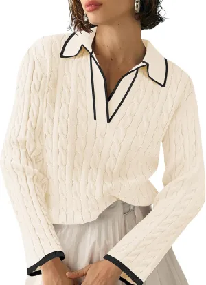 Women's Cable Long Sleeve Sweaters Tops Lapel Polo V Neck Knit Casual Soft Pullover Shirt